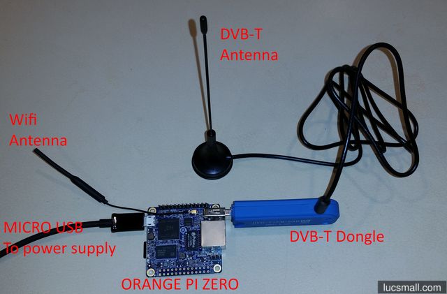 "Making the connections: Orange Pi Zero, USB DVB-T dongle, Antenna, power "
